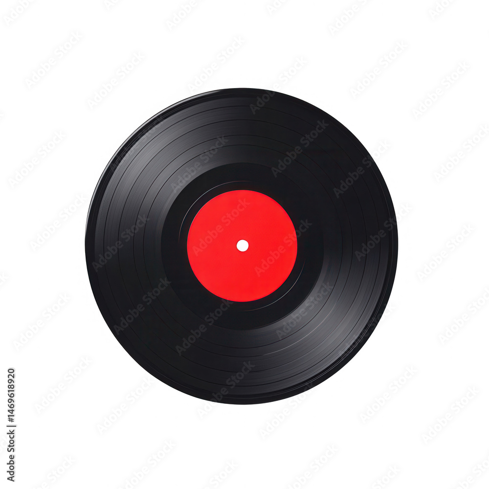Obraz premium Classic vinyl record with a vibrant red label, showcasing a timeless piece of music history against a clean white background.