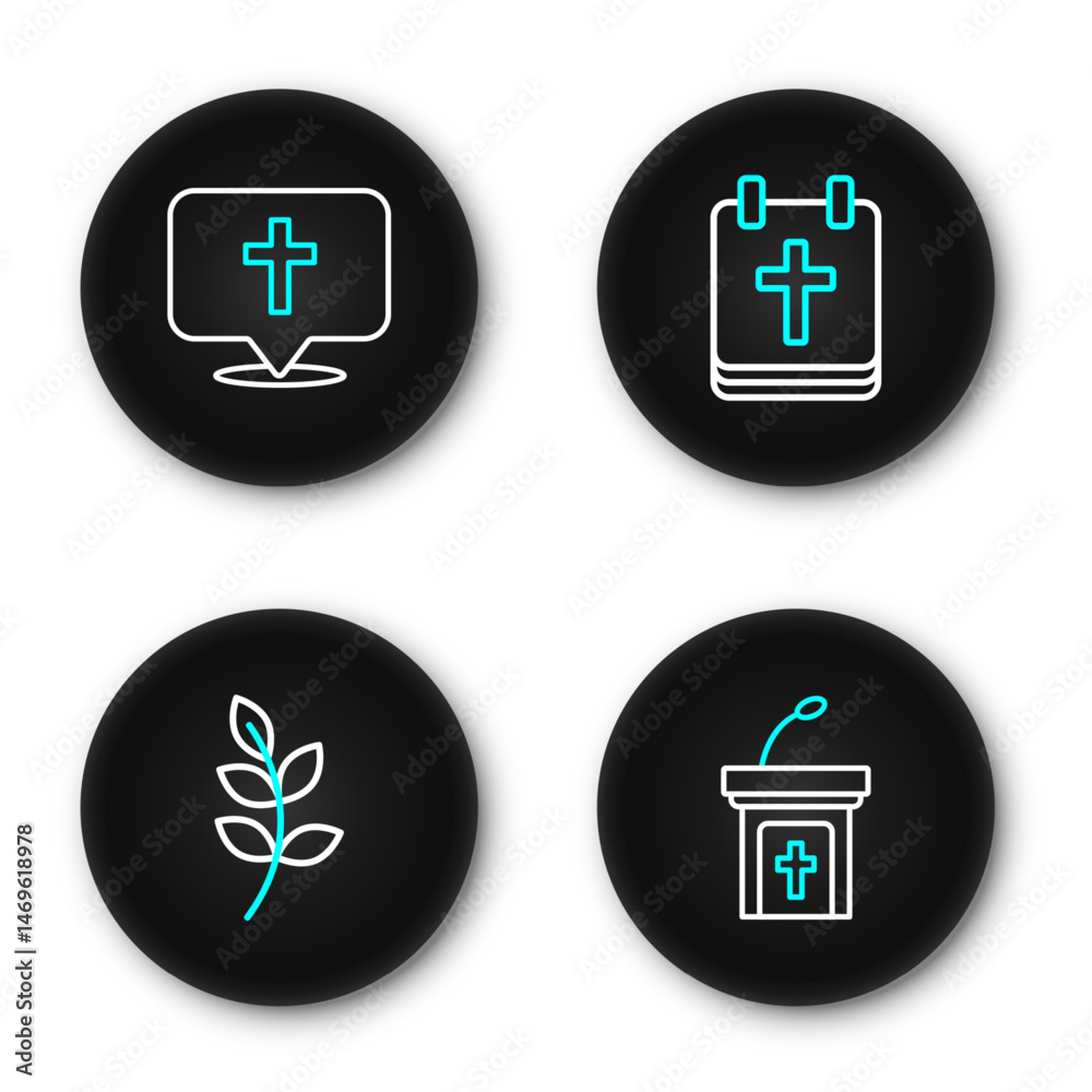 Fototapeta premium Set line Church sermon tribune, Willow leaf, Calendar with Easter and Location church building icon. Vector
