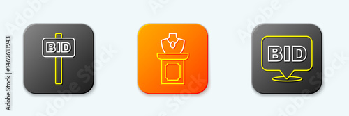 Set line Hand holding auction paddle, Auction jewelry sale and Bid icon. Vector