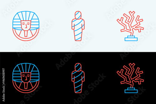 Set line Coral, Egyptian pharaoh and mummy icon. Vector