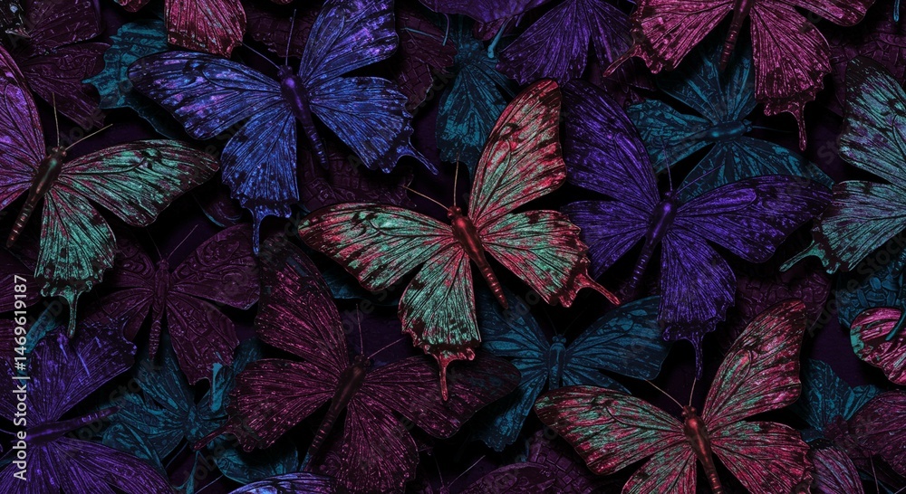 Fototapeta premium Vibrant Purple Teal Pink Butterfly Wings Seamless Pattern Background Texture