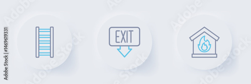 Set line Fire in burning house, exit and escape icon. Vector