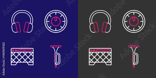 Set line Trumpet, Guitar amplifier, Sound mixer controller and Headphones icon. Vector