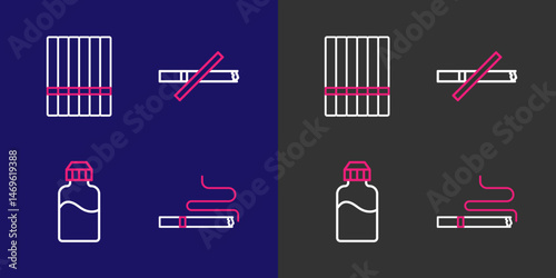 Set line Cigarette, Vape liquid bottle, No smoking and icon. Vector