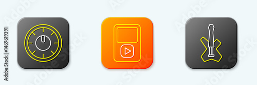 Set line Sound mixer controller, Music player and Electric bass guitar icon. Vector
