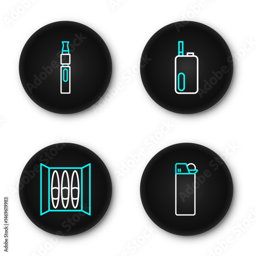 Set line Lighter, Cigar, Electronic cigarette and icon. Vector