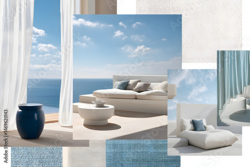 mood board of a modern Mediterranean indoor-outdoor living space.