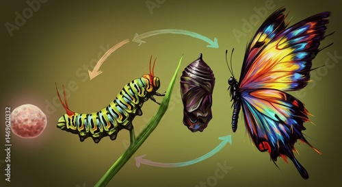 Vivid Butterfly Life Cycle Egg Larva Pupa and Adult Stages Illustrated