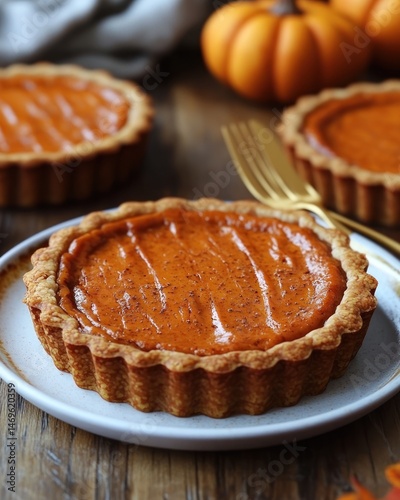 Small pumpkin pies on a plate.  Close-up view of the pastry crust and filling