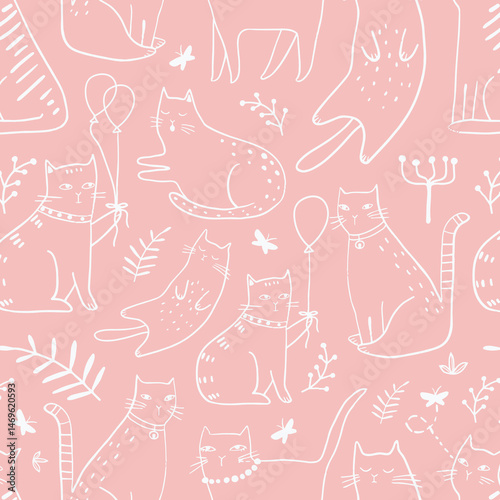 Seamless pattern with cute Kittens in diferent style. Creative childish texture. Great for fabric, textile Vector Illustration
