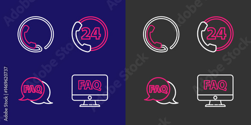 Set line Computer monitor and FAQ, Speech bubble with, Telephone 24 hours support and icon. Vector