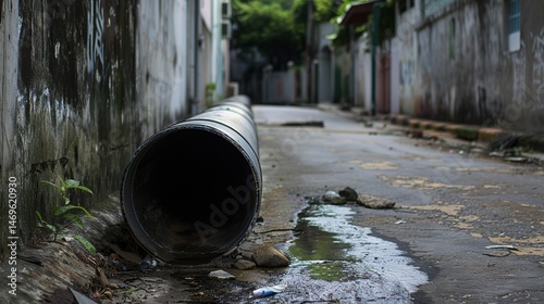 Sewage pipes exposed on an urban street, showing the infrastructure beneath city roads, with some pipes partially broken and surrounded by concrete and debris.