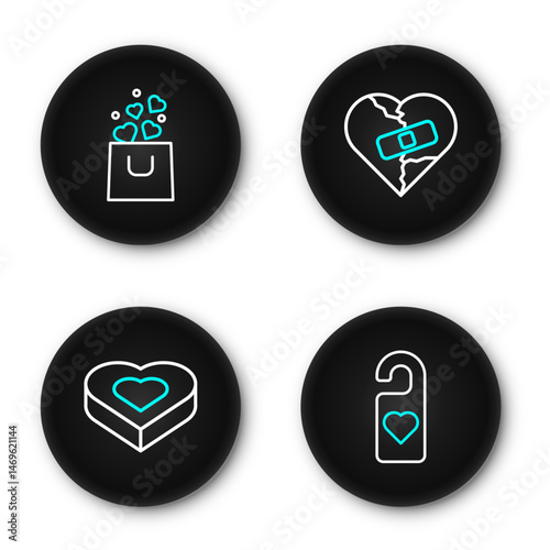 Set line Please do not disturb with heart, Candy in shaped box, Healed broken or divorce and Shopping bag icon. Vector