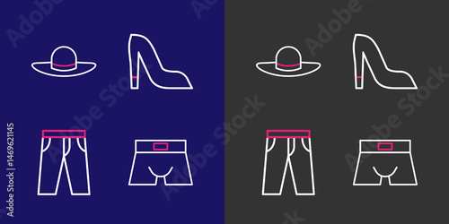 Set line Men underpants, Pants, Woman shoe and Elegant women hat icon. Vector