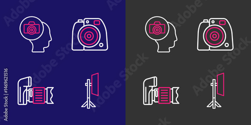 Set line Studio light bulb in softbox, Photo camera, and icon. Vector