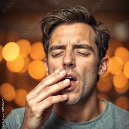 Young man about to sneeze with hand near mouth in ambient light setting