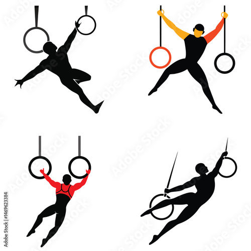 Gymnastics athletes performing on rings in various poses and movements silhouetted illustrations