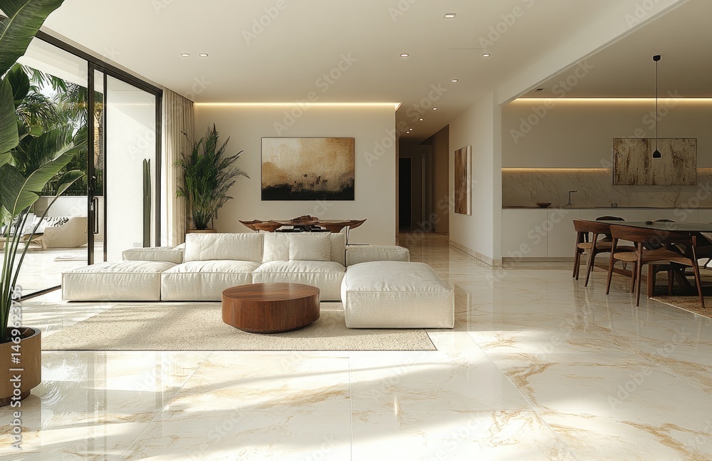 Fototapeta premium Modern open-plan living area with minimalist design. Spacious, light-filled space
