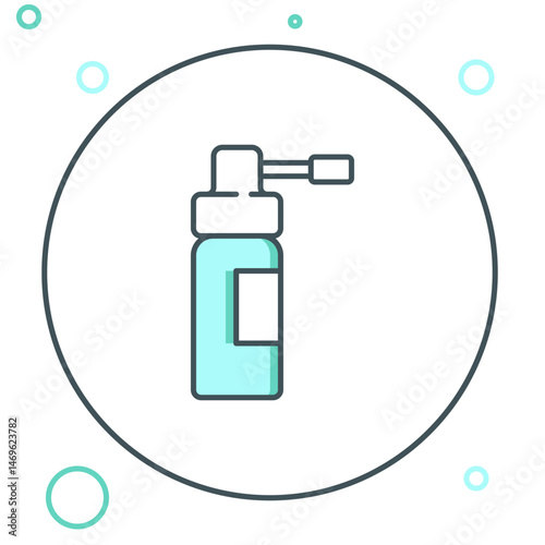 Line Medical bottle with nozzle spray for the treatment of diseases of the nose and throat icon isolated on white background. Colorful outline concept. Vector