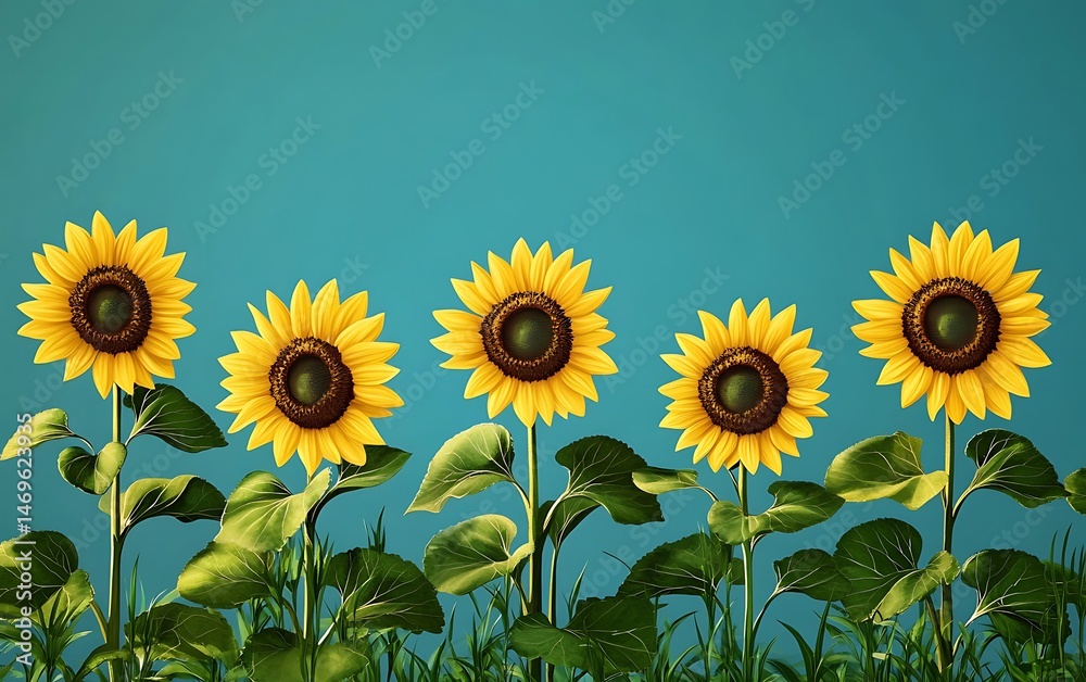 Fototapeta premium Sunflowers blooming against a teal background, ideal for nature-themed designs