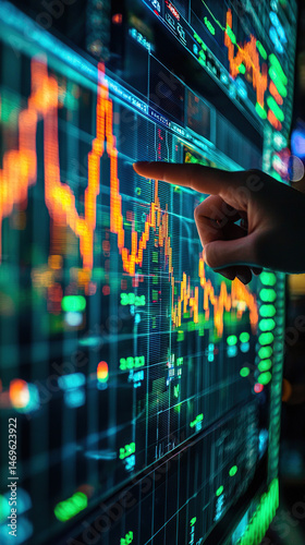 A person's finger pointing at a financial graph displayed on a screen.