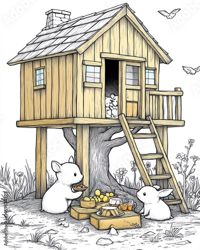 Wooden treehouse with cute animals