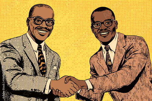 Two black business professionals are shaking hands in a warm and welcoming environment at a networking event. They appear confident, building a connection for future collaboration.
