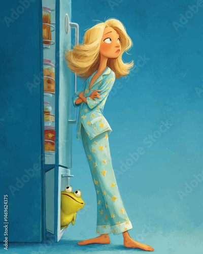 A blonde woman in blue pajamas stands with crossed arms, gazing into an open refrigerator. A small frog peeks out from behind the fridge door, adding a sense of whimsy to the moment.