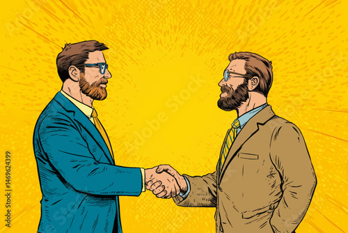 Two business professionals shake hands in a friendly manner, symbolizing partnership and agreement. The bright background adds energy to the interaction, highlighting teamwork.