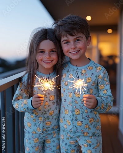 Two children holding sparklers on a balcony at twilight