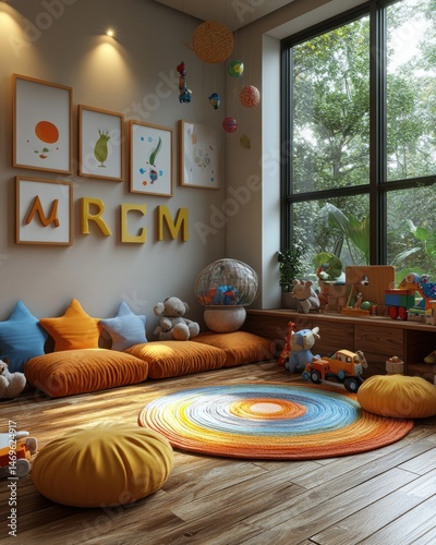 Bright, playful kids' room, featuring a cozy seating area with colorful accents, a large window overlooking a garden, and various toys
