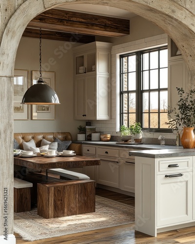Rustic, cozy kitchen nook with arched entryway