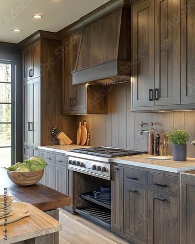 Modern farmhouse kitchen with dark wood cabinetry, quartz countertops, and stainless steel appliances.  A large island with a butcher block top is in the foreground