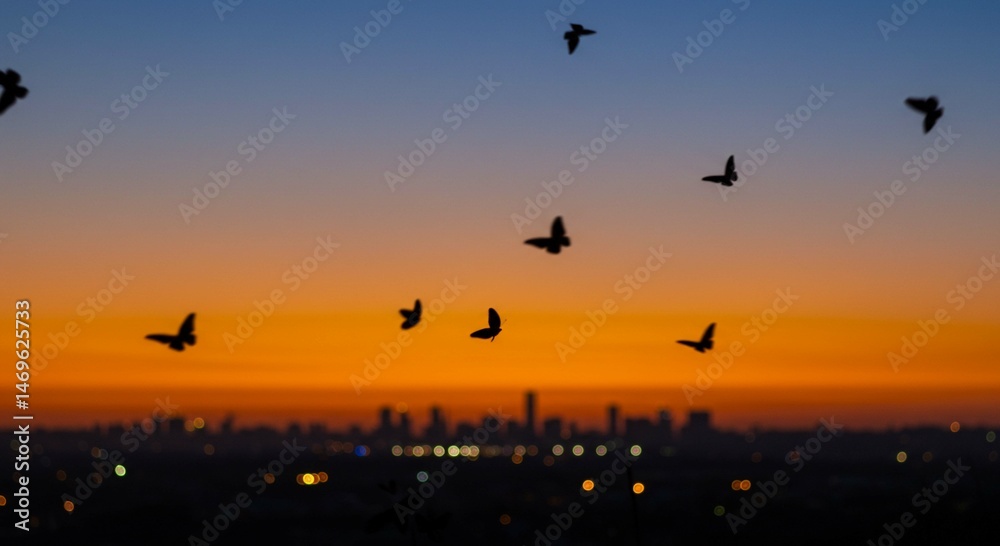 Fototapeta premium Silhouetted Butterflies Soaring at Sunset Over City Skyline