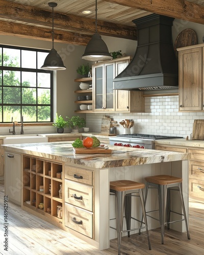 Rustic kitchen interior with natural wood and stone accents