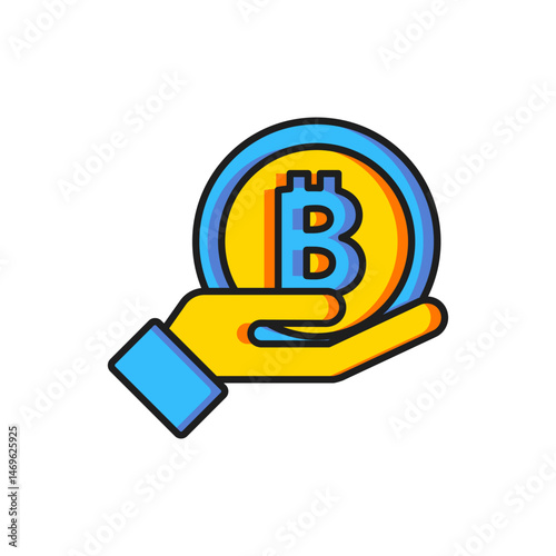 Color Hand holding Bitcoin icon isolated on white background. Blockchain technology, digital money market, cryptocoin wallet. Flat filled outline style with shadow. Vector