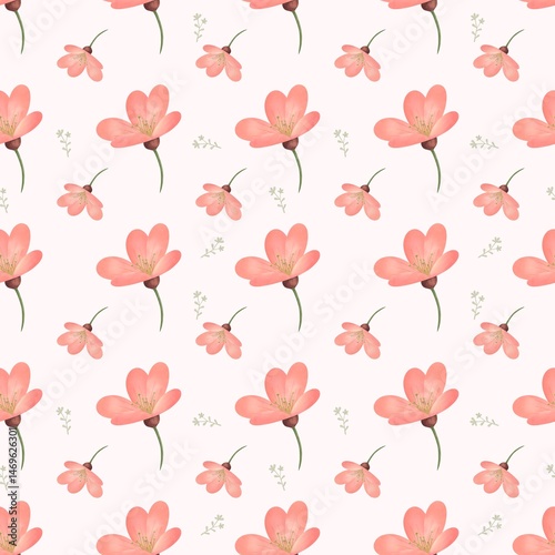 Fototapeta Naklejka Na Ścianę i Meble -  Seamless pattern of pink watercolor flowers arranged throughout the image, suggesting spring.