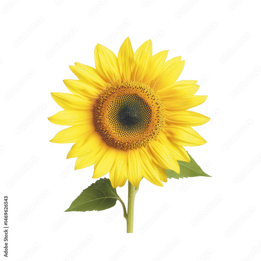 Naklejka premium Vibrant sunflower with bright yellow petals and green leaves, against a white isolated background. Perfect for floral designs, nature themes, or seasonal decorations.