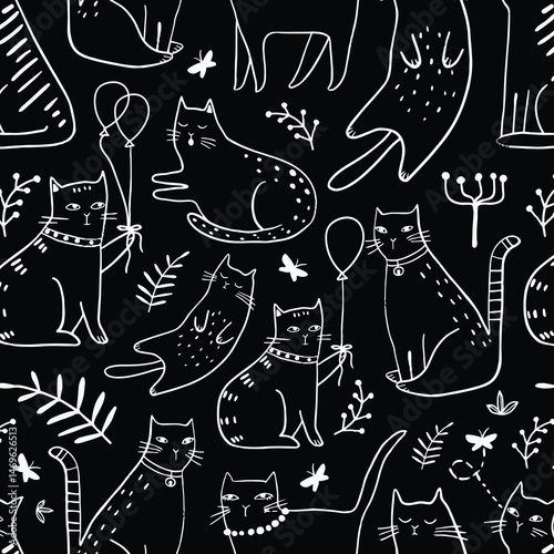 Seamless pattern with cute Kittens in diferent style. Creative childish texture. Great for fabric, textile Vector Illustration
