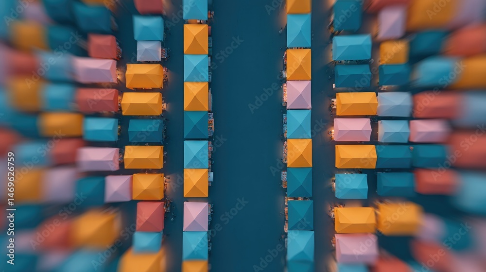 Fototapeta premium aerial top-down image of bustling street market with diverse stalls in vibrant colors against cityscape
