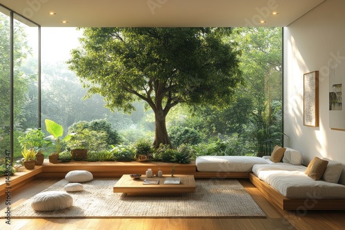 Tranquil modern living room with a seamless connection to nature. Lush greenery fills the expansive window view