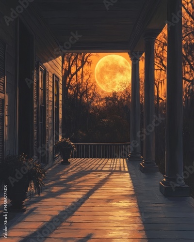 Tranquil porch under a large orange moon