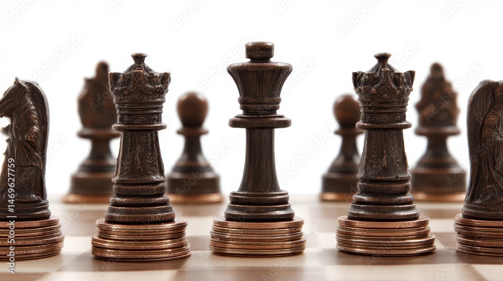 Dark chess pieces strategically positioned on stacks of coins. Dark chess pieces strategically positioned on stacks of coins.