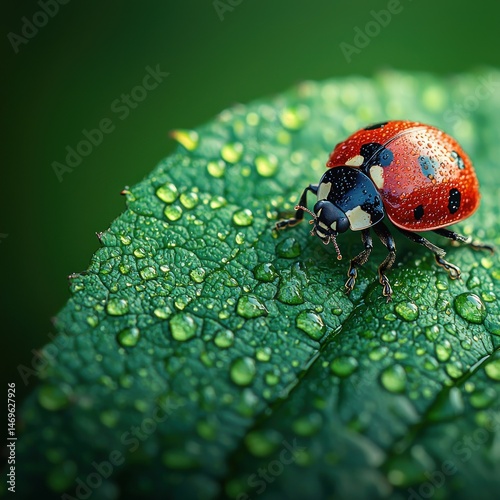 Close-up ladybug on dew-kissed leaf