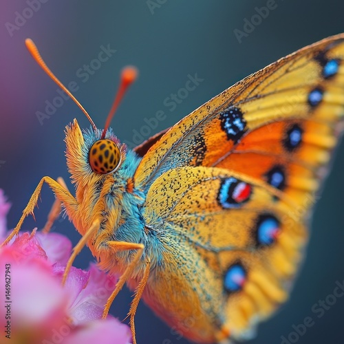 Vibrant butterfly on a flower. Close-up view of a colorful butterfly feeding on a pink flower