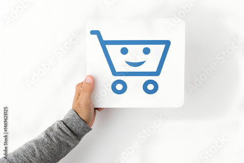 Hand holding shopping cart icon representing online retail and ecommerce, hand, holding, shopping, cart, icon, symbol, retail, ecommerce, online, store, shop, market, commerce, business, purchase, buy