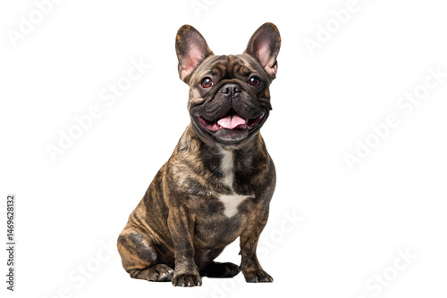 Happy brindle french bulldog portrait sitting against black background studio shot, french bulldog, dog, brindle, puppy, animal, pet, canine, portrait, studio shot, isolated, black background, cute