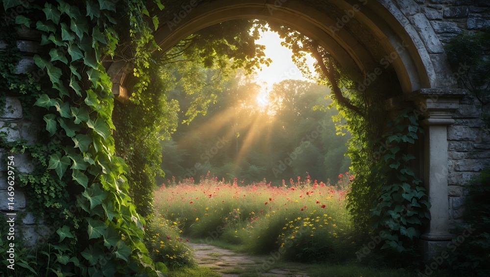 Obraz premium Walking through stone archway into vibrant flower field at sunrise