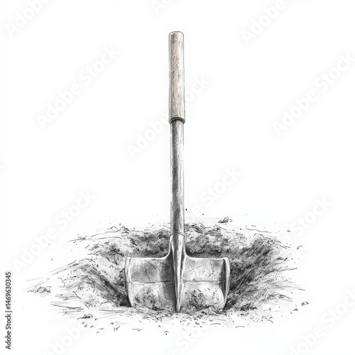 A hand-drawn shovel stands upright in a patch of freshly dug soil, suggesting gardening or digging work.
