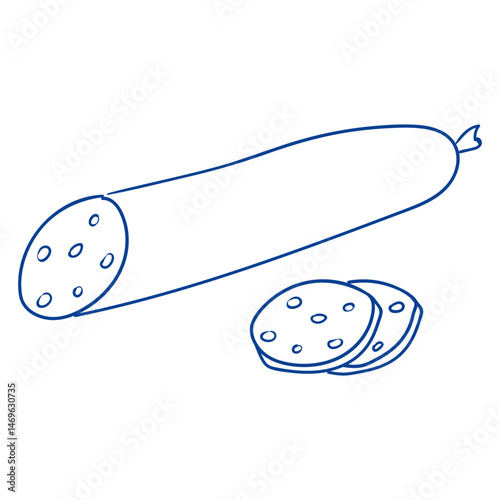 Sliced sausage with whole piece shown on a clean surface in a simple drawing style